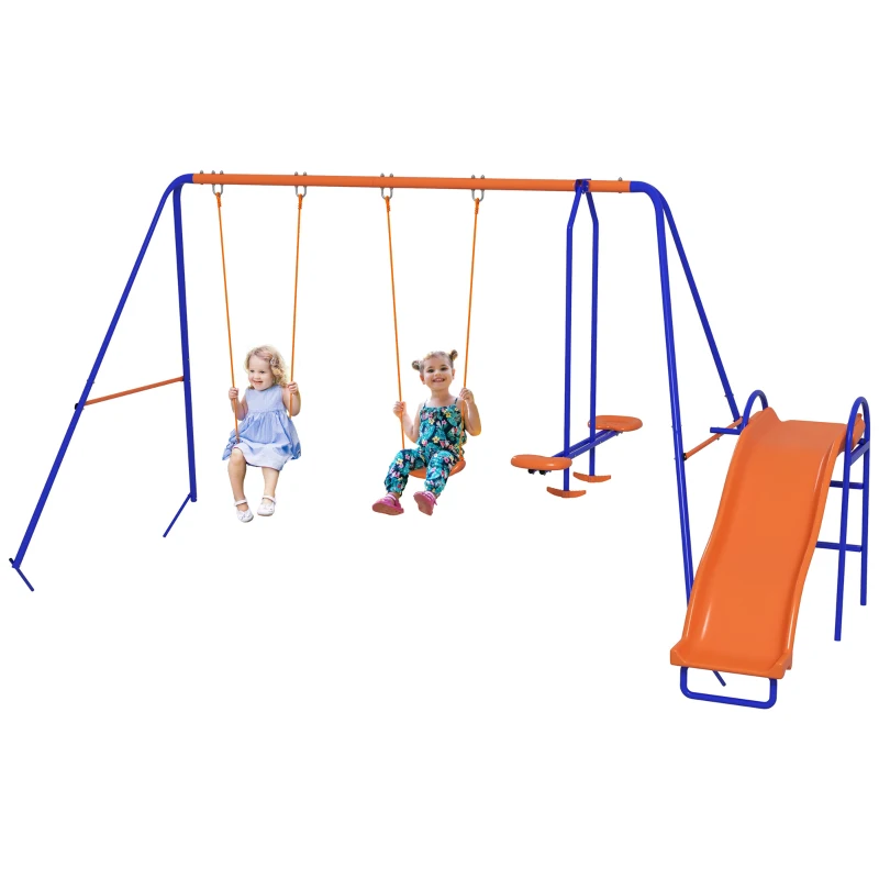 Outsunny 4 in 1 Metal Swing Set with Double Swings, Glider, Slide, Ladder for Backyard, Outdoor, Playground, Multicoloured