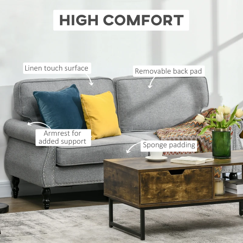 HOMCOM Stylish Midback Double Sofa with Sponge Padding, 2 Seater Sofa Couch, with Rubber Wood Leg, Grey