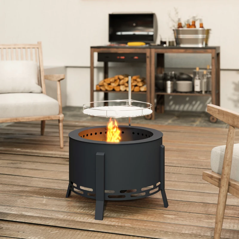 Outsunny Outdoor Fire Pit, Round Firepit with Grill Grate, Fire Bowl with Ash Catcher and Poker for Backyard Camping Bonfire Picnic, Black