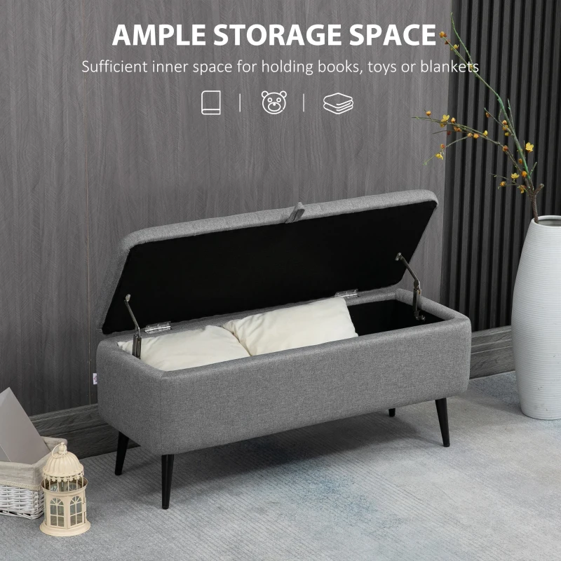 HOMCOM 40" Ottoman with Storage, Linen Upholstered Storage Ottoman Bench with Steel Legs for Living Room, Bedroom Grey