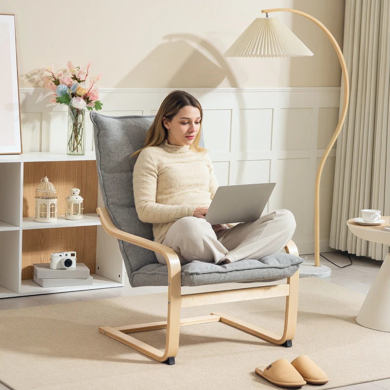 HOMCOM Modern Armchair, Upholstered Accent Chair with Curved Leg and Arm, Leisure Lounge Chair for Living Room, Light Grey