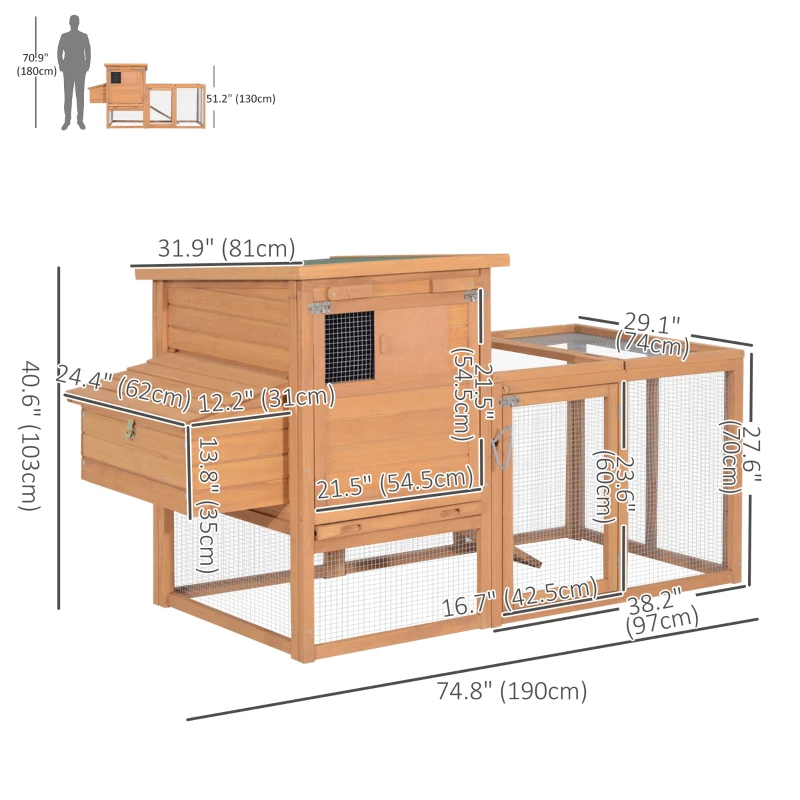 PawHut 75in Chicken Coop Wooden Hen House Rabbit Hutch Poultry Cage Pen Outdoor Backyard with Openable Top, Run Ladder