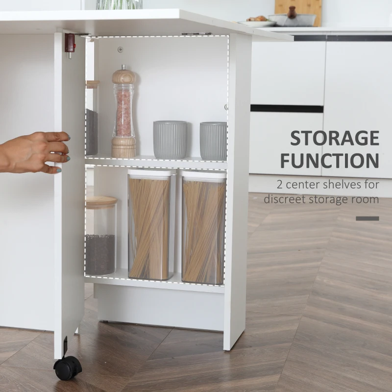 HOMCOM Extendable Dining Table, Collapsible Folding Table w/ 2-tier Shelves and Rolling Casters, White