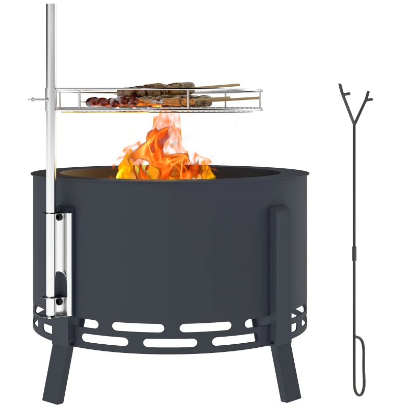 Outsunny Outdoor Fire Pit, Round Firepit with Grill Grate, Fire Bowl with Ash Catcher and Poker for Backyard Camping Bonfire Picnic, Black