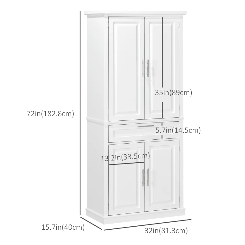 HOMCOM 72" Kitchen Pantry Cabinet, Freestanding Storage Cabinet, 4-Door Cabinet with Drawer and Adjustable Shelves, White