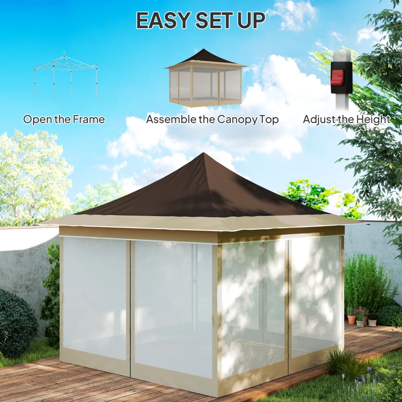 Outsunny 12 x 12 ft. Canopy Tent with Mesh Netting, UPF50+ Pop Up Tent with Carry Bag for Garden, Patio, Brown