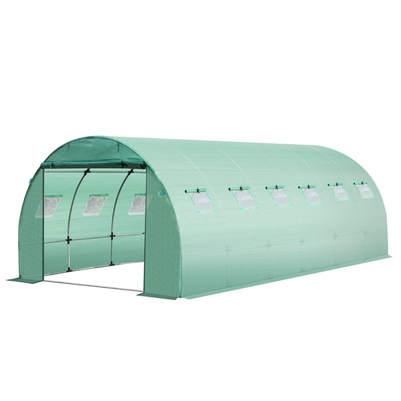 Outsunny 19.7' x 9.8' x 6.6' Plastic Greenhouse Cover Replacement, Heavy Duty Waterproof Tarp for Hoop House, Sheeting with 12 Windows, Door & Reinforcement Grid, Green