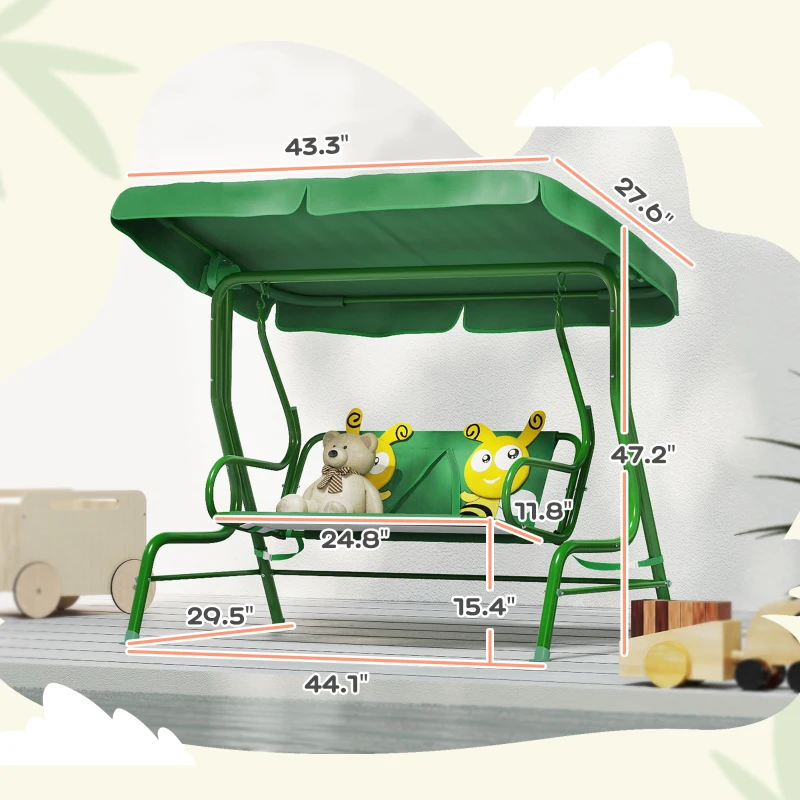 Qaba Kids Patio Swing Chair with Adjustable Canopy, Safety Belt for Patio, Garden, Poolside, Balcony, Dark Green