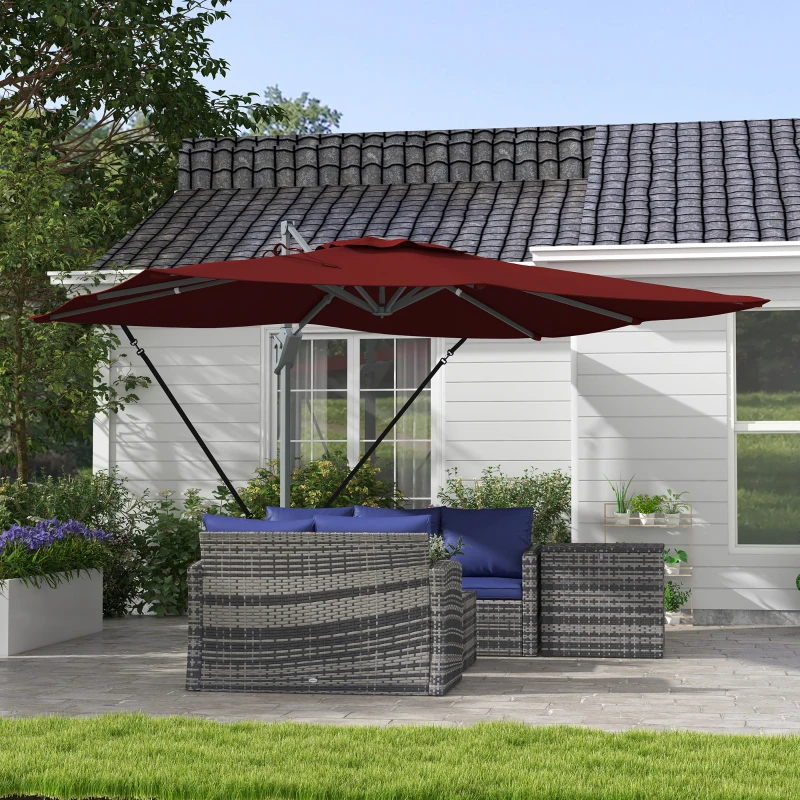 Outsunny 13 FT Cantilever Umbrella, Aluminum Hanging Offset Umbrella with 360°Rotation, Crank, Tilt, Cross Base, Red