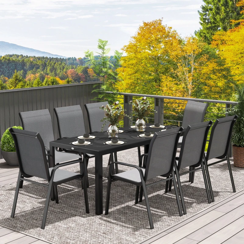 Outsunny 9 Pieces Patio Set with Stackable Chairs, Patio Dining Set with Glass Top for Garden, Patio, Backyard, Grey