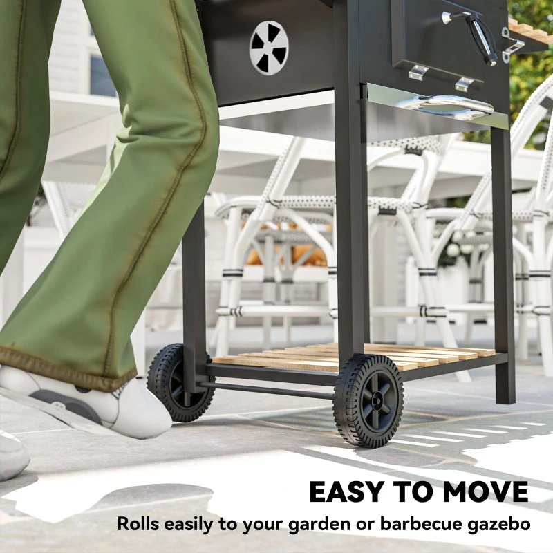 Outsunny 20" Charcoal BBQ Grill Barbecue on Wheels with Adjustable Charcoal Pan, Spacious Cooking Area, 3 Shelves, Thermometer