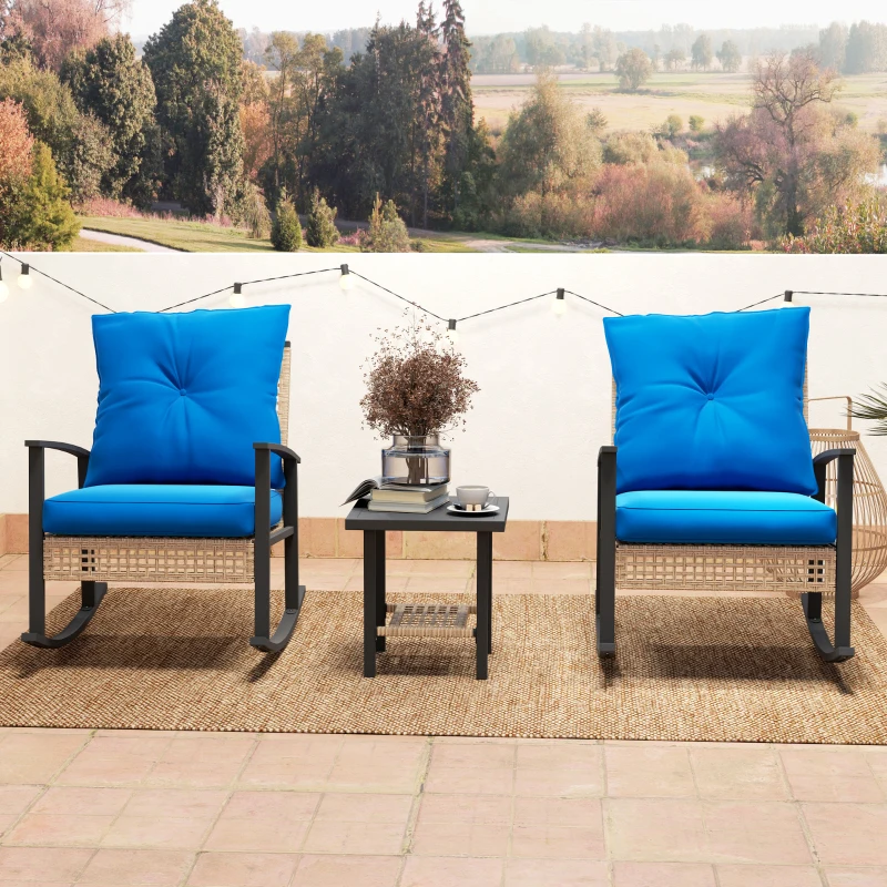 Outsunny 3 Pieces Bistro Set, Patio Wicker Furniture Set with Button Tufted Cushions, Rattan Rocking Chairs, Coffee Table, Blue