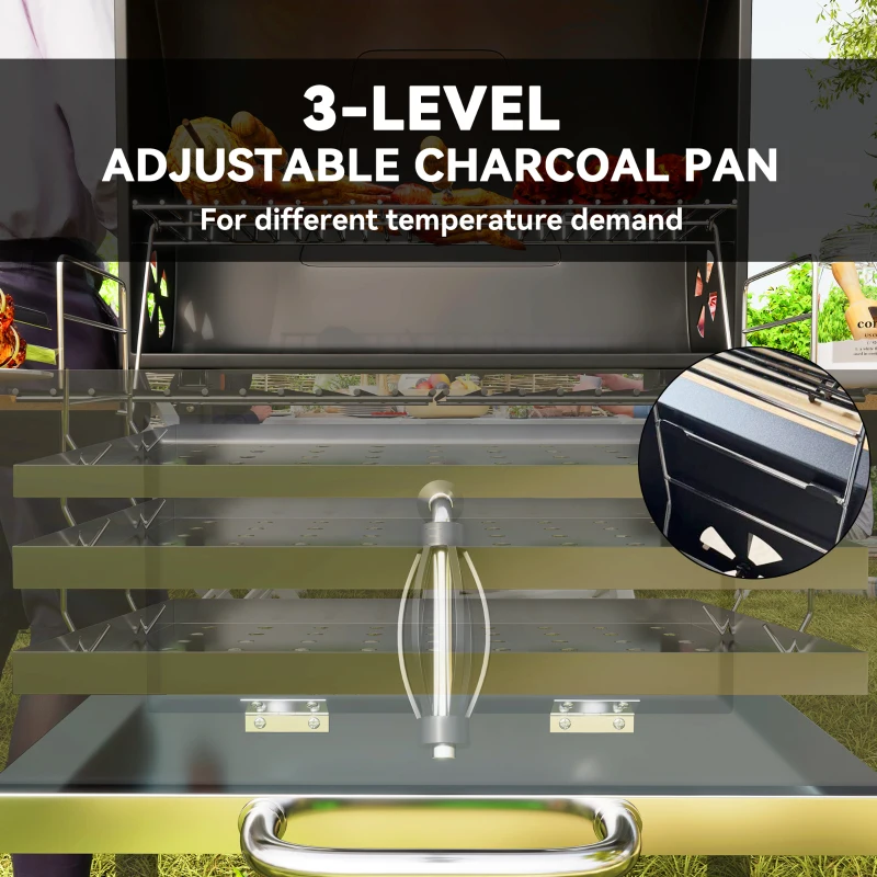 Outsunny 20" Charcoal BBQ Grill Barbecue on Wheels with Adjustable Charcoal Pan, Spacious Cooking Area, 3 Shelves, Thermometer