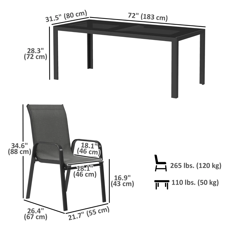 Outsunny 9 Pieces Patio Set with Stackable Chairs, Patio Dining Set with Glass Top for Garden, Patio, Backyard, Grey