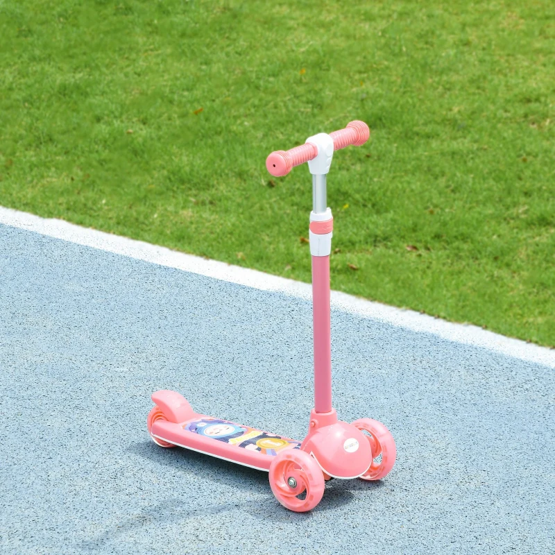 Qaba 3 Wheel Kids Scooter, Toddler Kick Scooter with Adjustable Height, Rear-Fender Brake, LED Light, TPE Handlebar, Pink