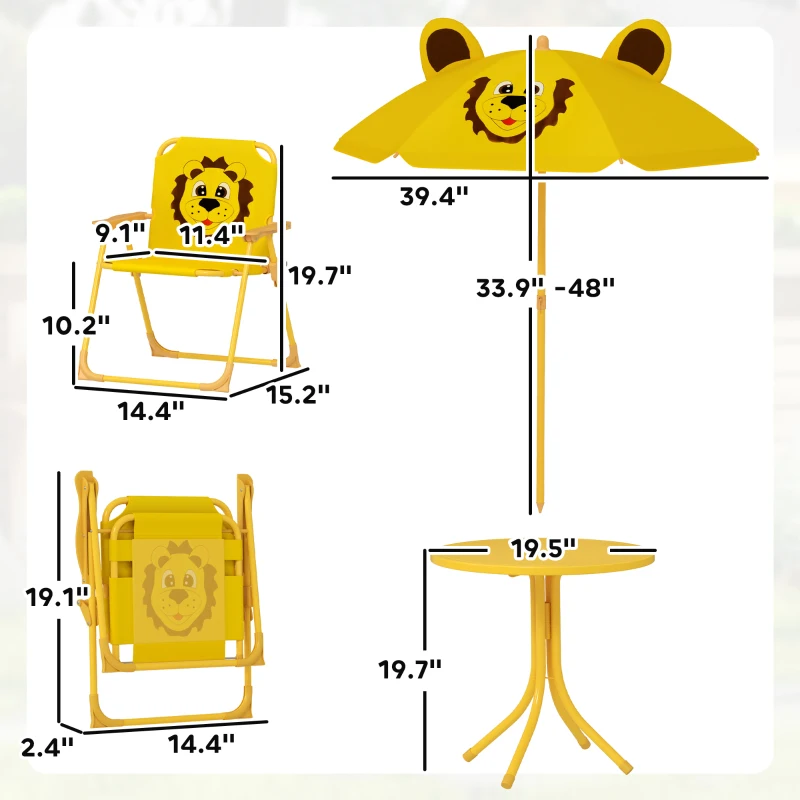 Qaba Kids Picnic Table and Chair Set, Outdoor Activity Table with Foldable Chairs, Height Adjustable Umbrella, Yellow