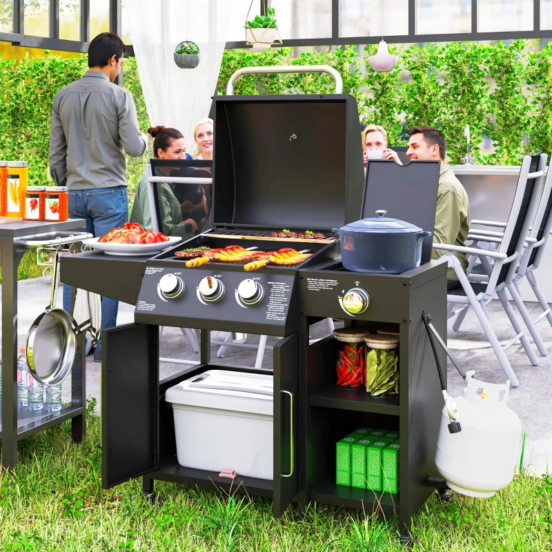 Outsunny 3 Burner Propane Gas Grill with Side Burner Barbecue Grill with Shelves, 9.5 KW Output, 310 Sq. in. Cooking Area