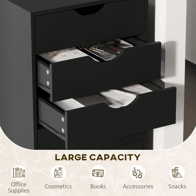 HOMCOM 5 Drawer Home Office Storage Cabinet, Mobile Printer Stand with Nordic Minimalist Modern Style & Wheels, Black