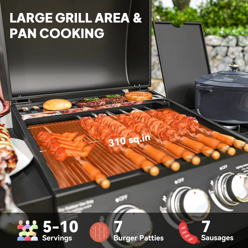 Outsunny 3 Burner Propane Gas Grill with Side Burner Barbecue Grill with Shelves, 9.5 KW Output, 310 Sq. in. Cooking Area