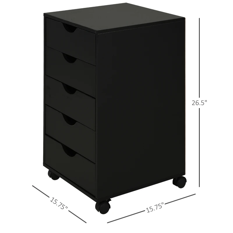 HOMCOM 5 Drawer Home Office Storage Cabinet, Mobile Printer Stand with Nordic Minimalist Modern Style & Wheels, Black
