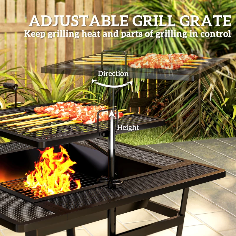 Outsunny Square Outdoor Fire Pit Firepit with Adjustable Grill Grate, Wood Fire Pit with Adjustable Foot Pads, Outer Ledge, Poker for Backyard Bonfire Picnic, Black