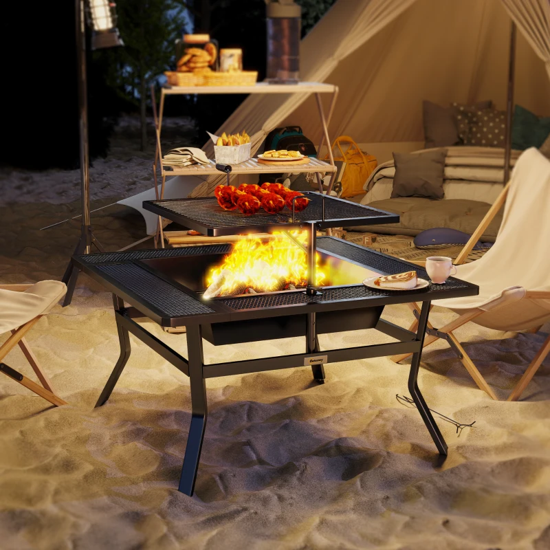 Outsunny Square Outdoor Fire Pit Firepit with Adjustable Grill Grate, Wood Fire Pit with Adjustable Foot Pads, Outer Ledge, Poker for Backyard Bonfire Picnic, Black