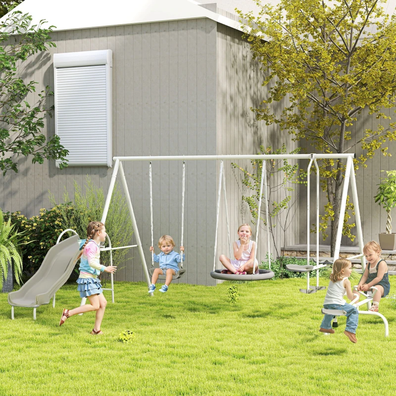 Outsunny 5 in 1 Kids Swing Set for Backyard with Heavy-Duty A-Frame Stand, Saucer Swing, Slide, Seesaw, Glider, Swing Seat, Gray