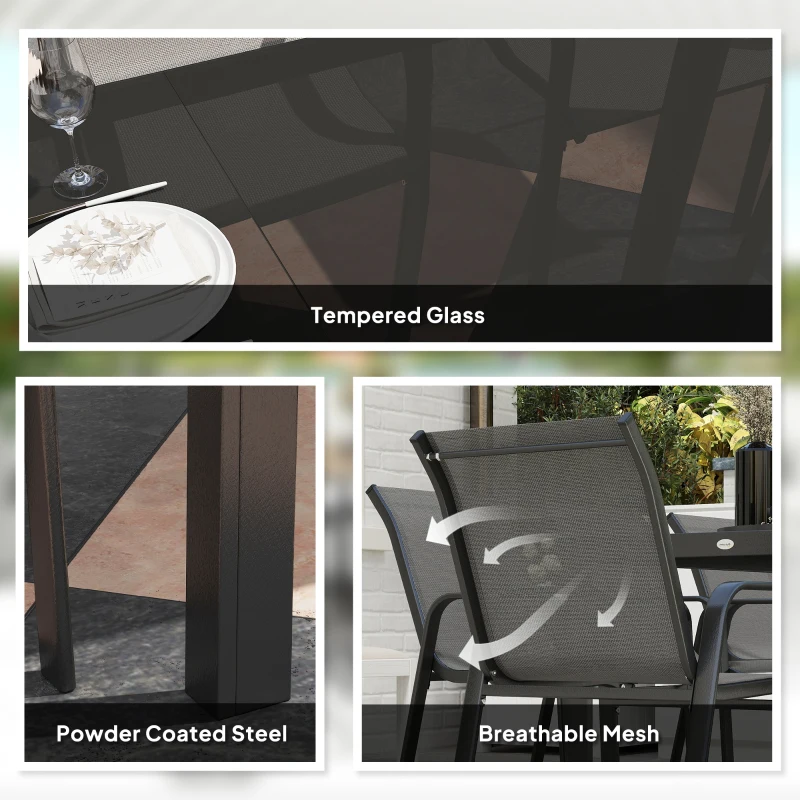 Outsunny 9 Pieces Patio Set with Stackable Chairs, Patio Dining Set with Glass Top for Garden, Patio, Backyard, Grey