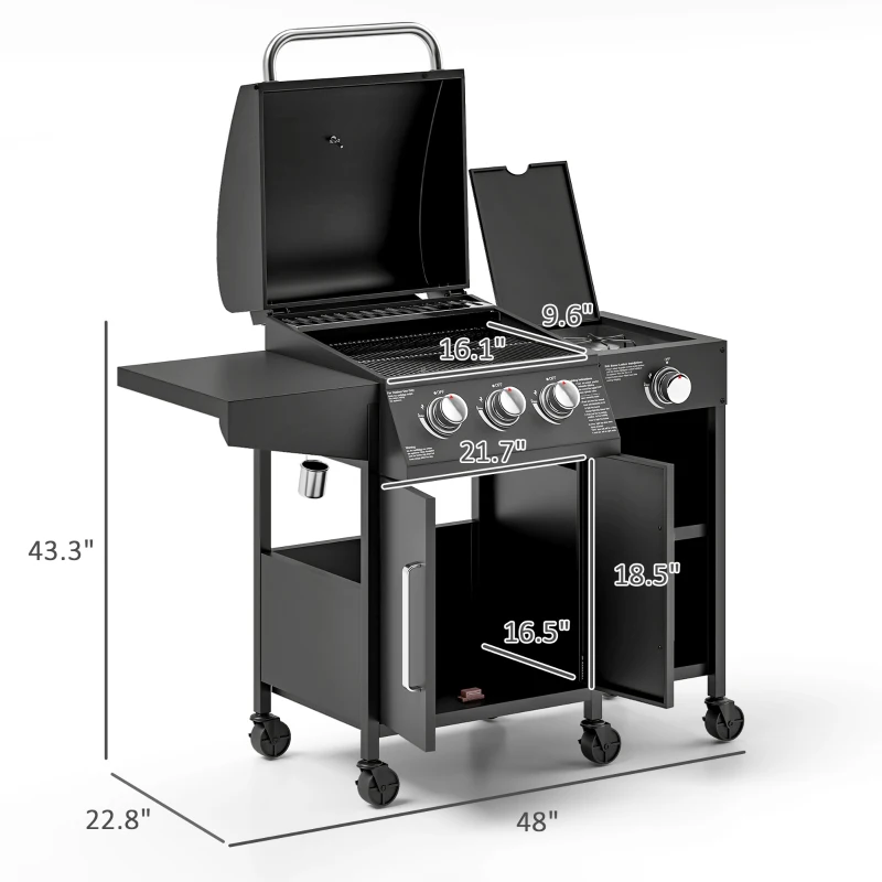 Outsunny 3 Burner Propane Gas Grill with Side Burner Barbecue Grill with Shelves, 9.5 KW Output, 310 Sq. in. Cooking Area