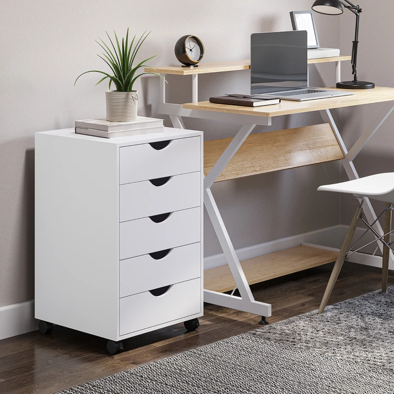 HOMCOM 5 Drawer Home Office Storage Cabinet, Mobile Printer Stand with Nordic Minimalist Modern Style & Wheels, White