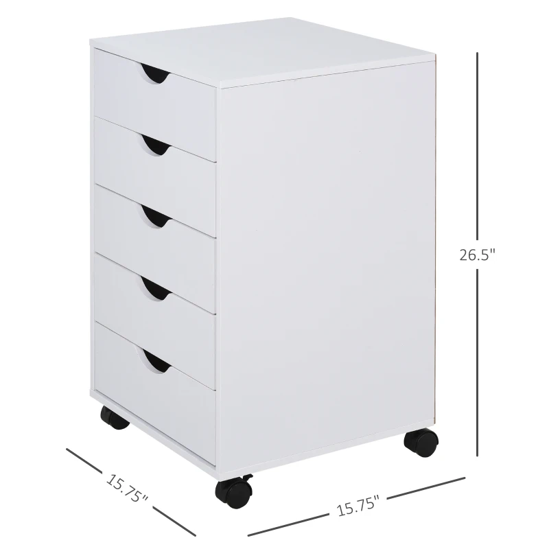 HOMCOM 5 Drawer Home Office Storage Cabinet, Mobile Printer Stand with Nordic Minimalist Modern Style & Wheels, White
