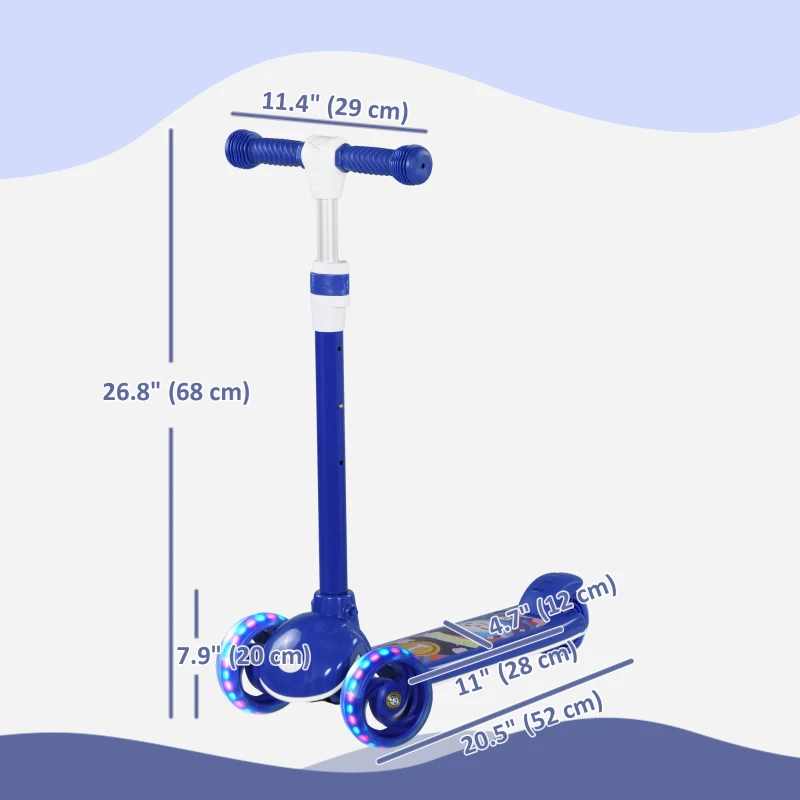 Qaba 3 Wheel Kids Scooter, Toddler Kick Scooter with Adjustable Height, Rear-Fender Brake, LED Light, TPE Handlebar, Blue