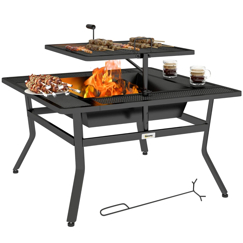 Outsunny Square Outdoor Fire Pit Firepit with Adjustable Grill Grate, Wood Fire Pit with Adjustable Foot Pads, Outer Ledge, Poker for Backyard Bonfire Picnic, Black