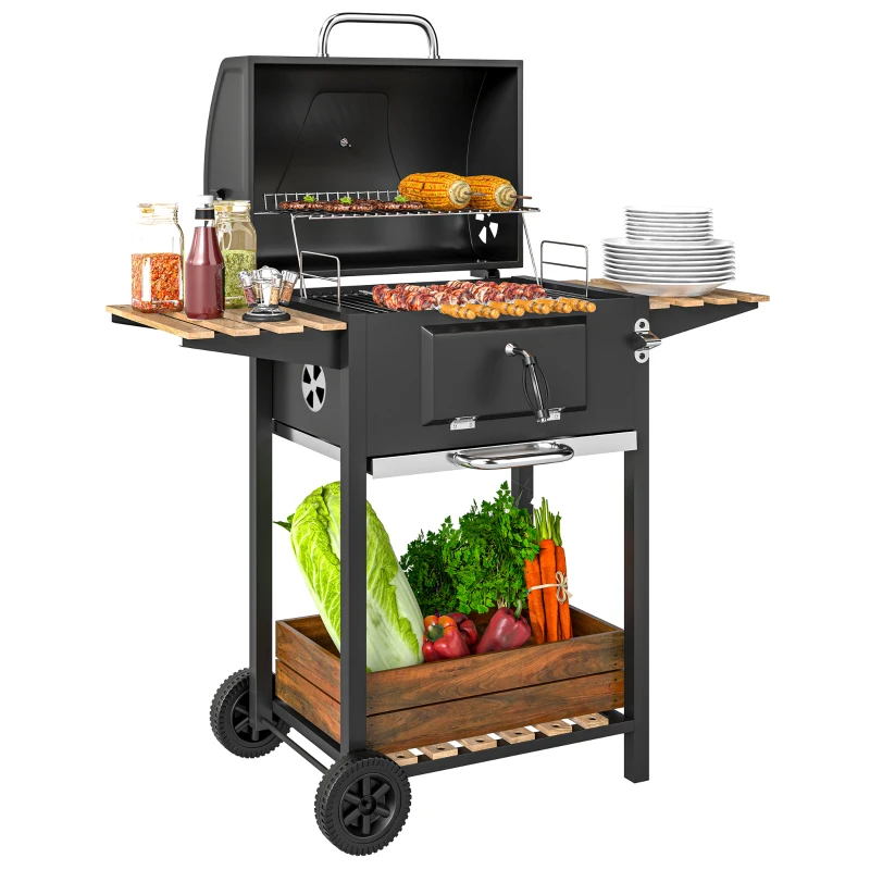 Outsunny 20" Charcoal BBQ Grill Barbecue on Wheels with Adjustable Charcoal Pan, Spacious Cooking Area, 3 Shelves, Thermometer