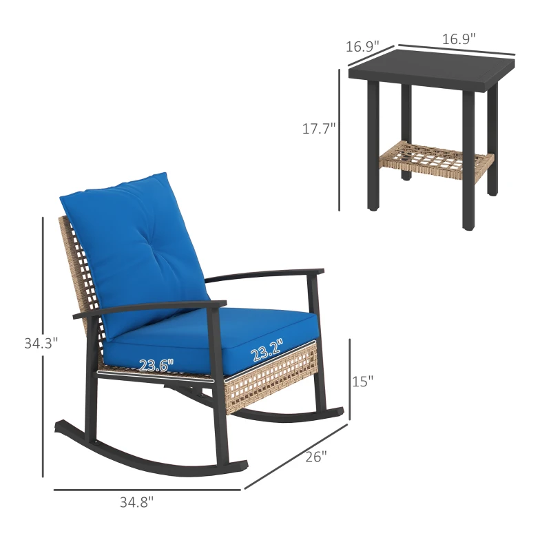 Outsunny 3 Pieces Bistro Set, Patio Wicker Furniture Set with Button Tufted Cushions, Rattan Rocking Chairs, Coffee Table, Blue