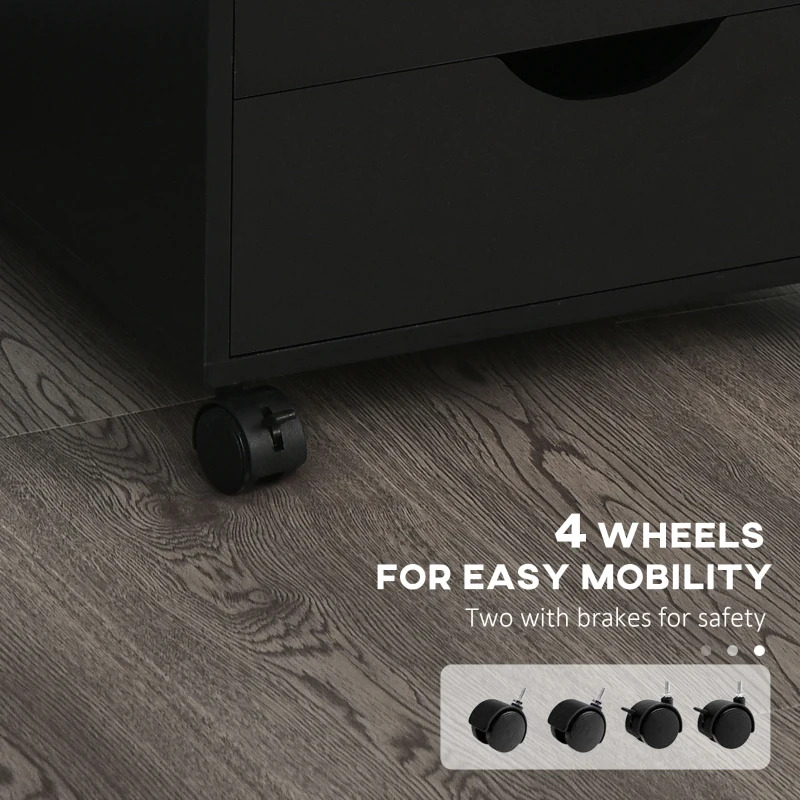 HOMCOM 5 Drawer Home Office Storage Cabinet, Mobile Printer Stand with Nordic Minimalist Modern Style & Wheels, Black