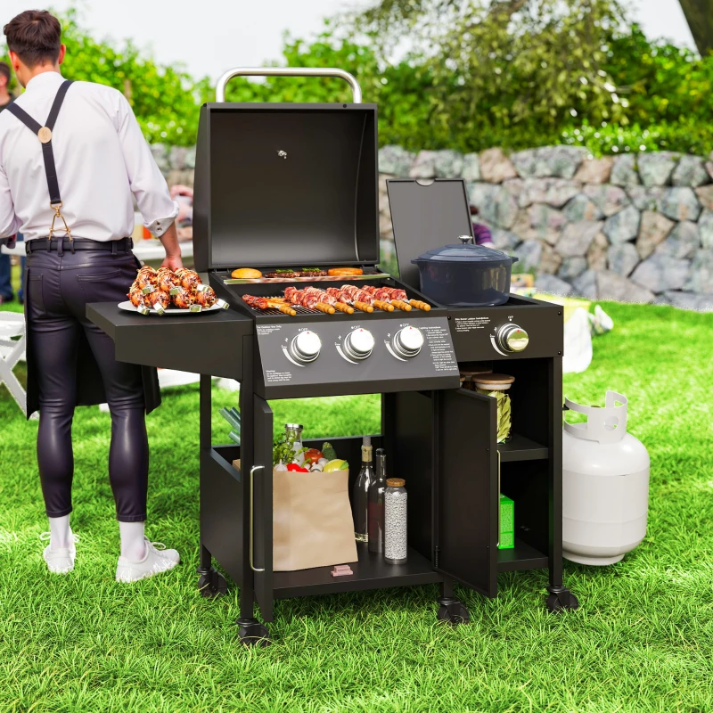Outsunny 3 Burner Propane Gas Grill with Side Burner Barbecue Grill with Shelves, 9.5 KW Output, 310 Sq. in. Cooking Area