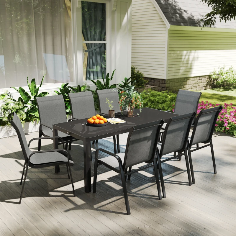 Outsunny 9 Pieces Patio Set with Stackable Chairs, Patio Dining Set with Glass Top for Garden, Patio, Backyard, Grey