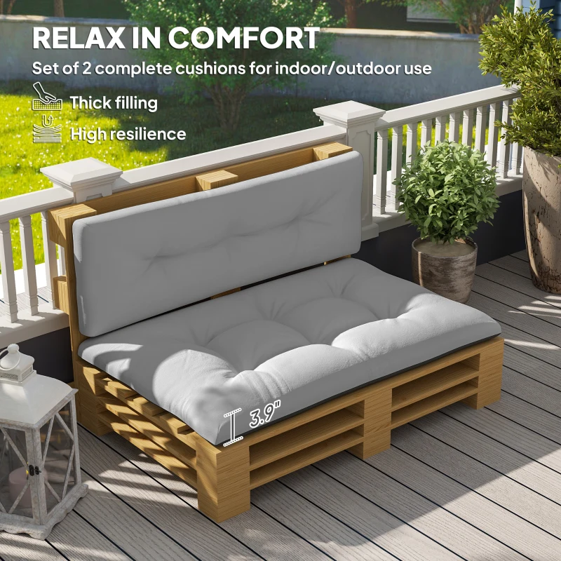 Outsunny 2 Seater Pallet Cushions Outdoor 3.9" Thick Replacement Cushions - Tufted Design for Garden, Patio, Light Gray