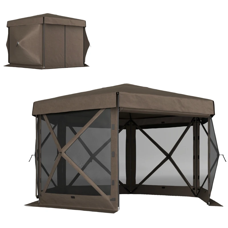 Outsunny 12' x 12' Hexagonal Pop Up Gazebo Canopy Tent with 5 Sidewalls, Outdoor Canopy Shelter with Carry Bag, Brown