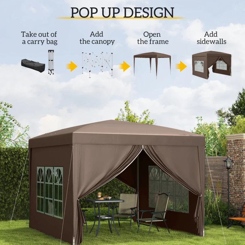Outsunny 10'x10' Outdoor Pop Up Party Tent Wedding Gazebo Canopy with Carrying Bag (Coffee)