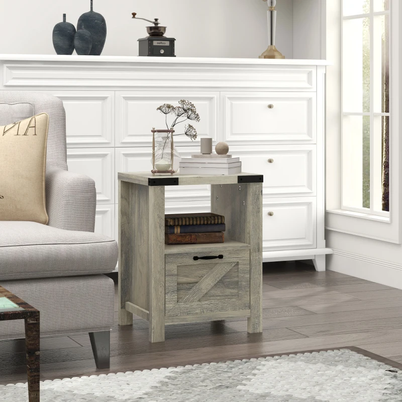 HOMCOM Farmhouse End Table, Side Table with Storage for Living Room, Gray Oak