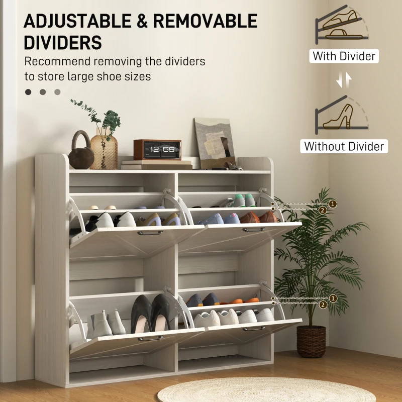 HOMCOM Narrow Shoe Storage Cabinet with 4 Flip Drawers, Adjustable Shelves, 16 Pair Farmhouse Shoe Cabinet, White Oak