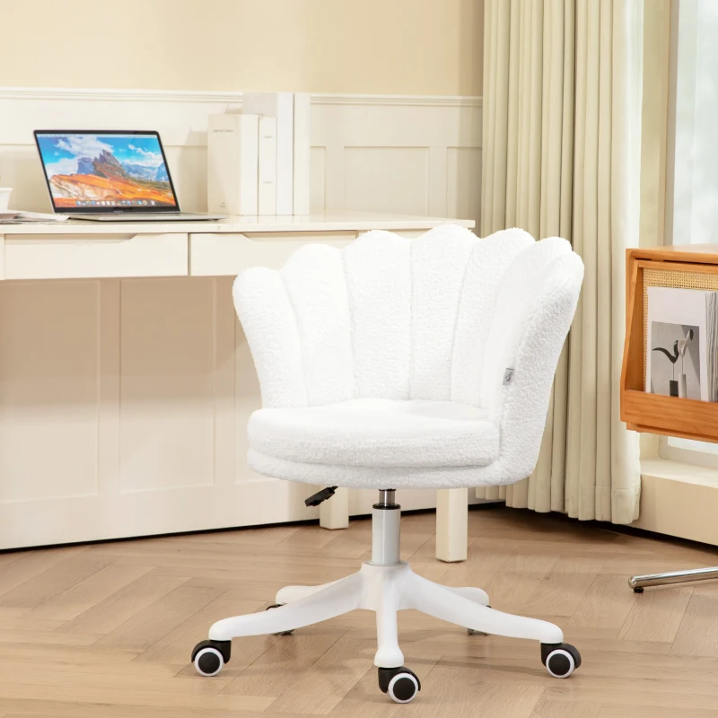 HOMCOM Adjustable Height Study Chair, Mid Back Berber Fleece Office Chair with Swivel Wheels for Living Room, Study, White