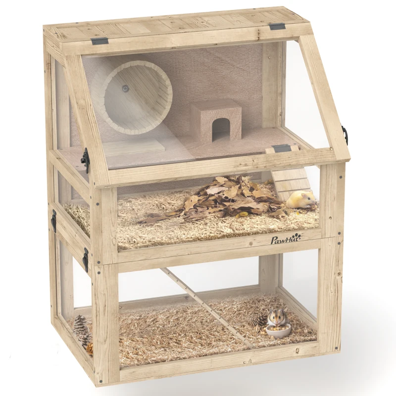 PawHut 3 Tier Wooden Hamster Cage w/ Detachable Bottom, Hut, Seesaw, Exercise Wheel, Ramps, 24" x 16" x 29.5"