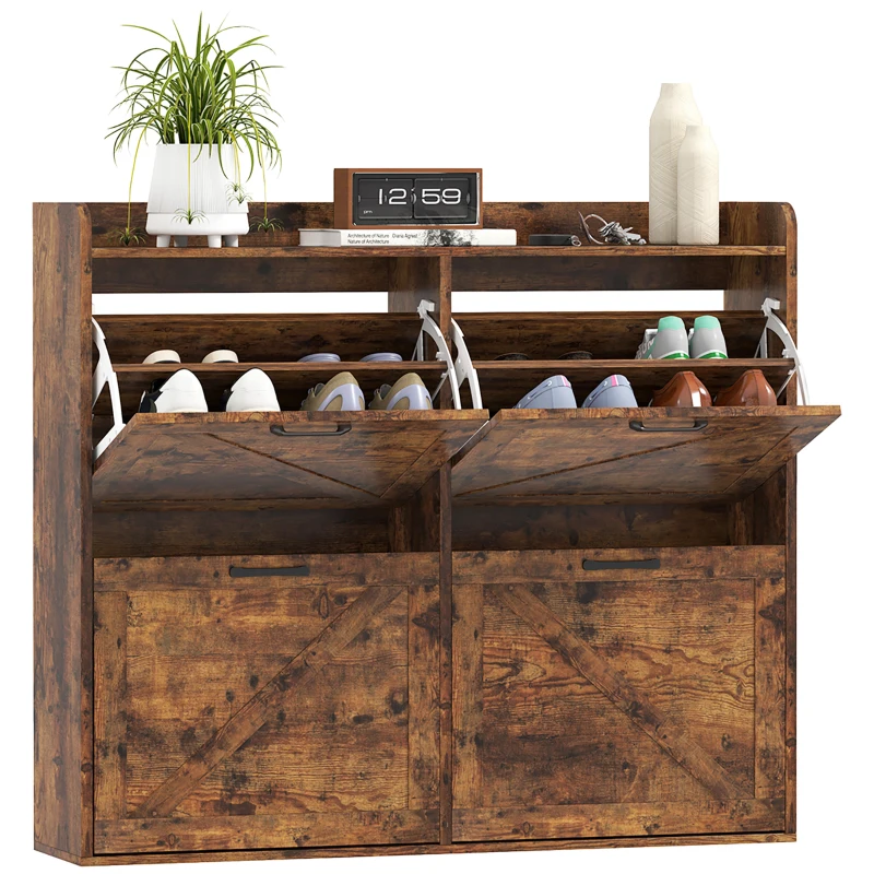 HOMCOM Narrow Shoe Storage Cabinet with 4 Flip Drawers, Adjustable Shelves, 16 Pair Farmhouse Shoe Cabinet, Rustic Brown