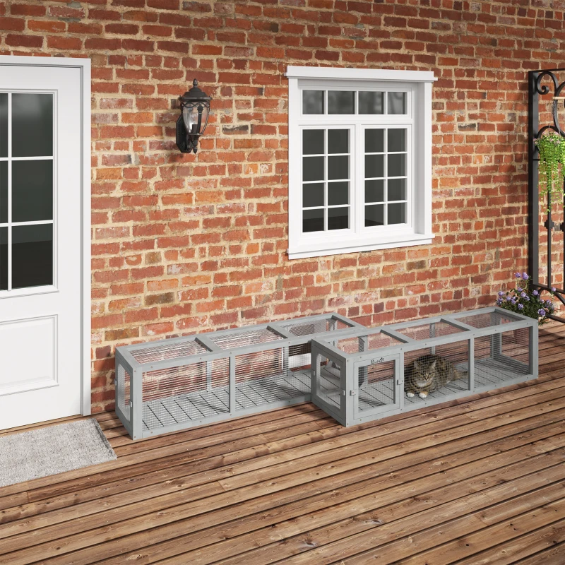 PawHut Outdoor Cat Tunnel with Extendable Design, 59" L Wooden Cat Run with Weather Protection, Connecting Inside and Outside, for Deck Patios, Balconies, Light Gray