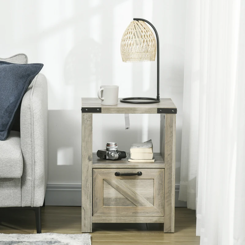 HOMCOM Farmhouse End Table, Side Table with Storage for Living Room, Gray Oak