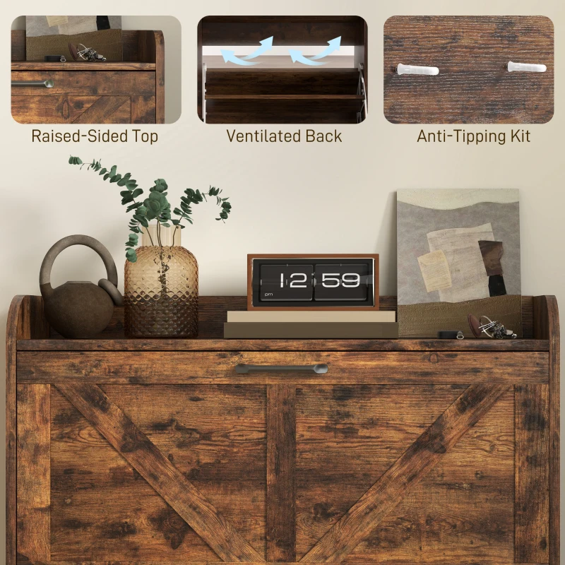 HOMCOM Narrow Shoe Storage Cabinet, Farmhouse Slim Shoe Cabinet with 2 Flip Drawers, Adjustable Shelves, Rustic Brown