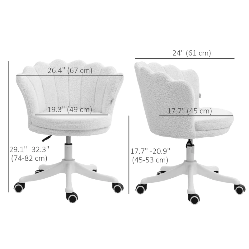 HOMCOM Adjustable Height Study Chair, Mid Back Berber Fleece Office Chair with Swivel Wheels for Living Room, Study, White